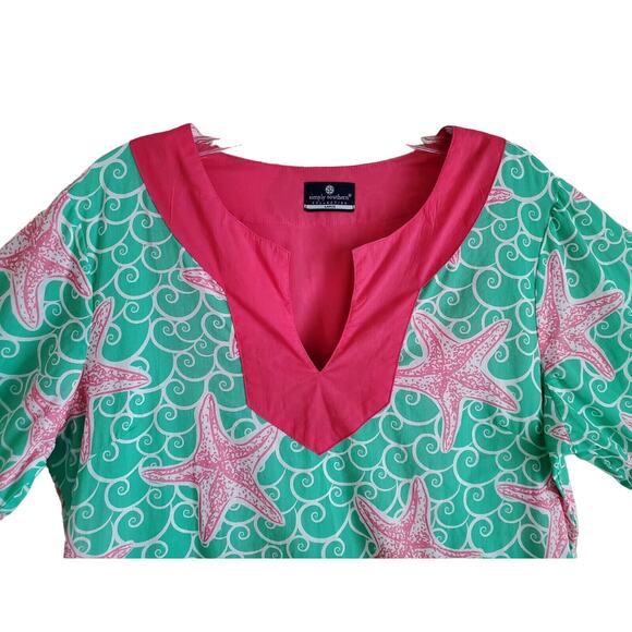 SIMPLY SOUTHERN Women's L Tunic Top Cover Up Starfish Pink Green 3/4 Sleeve 40" - Picture 2 of 7